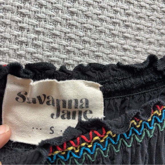 Savanna Jane Floral Embroidered Dress Black/Multicolor Peasant Boho Rainbow Sz S - Picture 5 of 9
